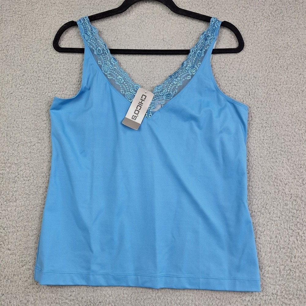 Chicos Camisole Womens Large Coastal Blue Microfiber Lace‎ Trim V-Neck Tank